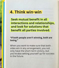 an open book with the title 4 think win - win written in yellow on it