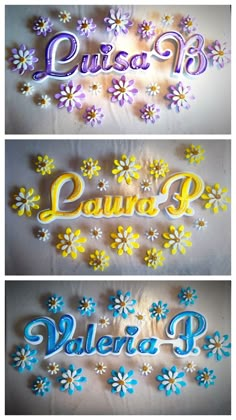 three different types of neon signs with flowers and the words lusa blvd