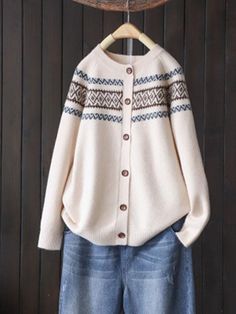 Women's Fall Sweater Cardigan Outwear Tribal Western Style Vintage Knitted Sweater Casual Knit Sweater Coat With Fair Isle Pattern, Cream Jacquard Knit Winter Sweater, Cream Jacquard Knit Sweater For Winter, Fair Isle Pattern Sweater For Fall, Casual Fair Isle Knit Sweater Coat, Fair Isle Sweater For Fall And Winter, Fall Fair Isle Pattern Sweater For Winter Wear, Casual Long Sleeve Cardigan With Fair Isle Pattern, Beige Fair Isle Pattern Tops For Winter