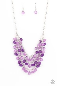 Varying in shape and opacity, a mismatched collection of light and dark purple crystal-like beads drip from the shimmery silver chains, creating an enchanted layered fringe below the collar. Features an adjustable clasp closure. Sold as one individual necklace. Includes one pair of matching earrings. Purple Necklaces, Layered Fringe, Rose Gold Frame, Purple Necklace, Silver Frames, Silver Chains, Purple Crystal, Jewelry Images, Paparazzi Accessories