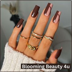 Embrace fall 2024 with elegant brown nails. This season's trends feature classy yet modern designs for short gel or acrylic nails. Experiment with chrome effects, bling details, or a classic French tip. Popular shapes like almond and square enhance the versatility of chocolate tones and soft neutral shades, making them perfect for any style. September Nails, Square Nail Designs, Fancy Nails Designs, Thanksgiving Nails