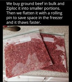 two bags of ground beef sitting on top of a counter