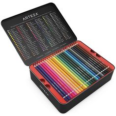 an open box filled with colored pencils on top of a white surface and the lid opened