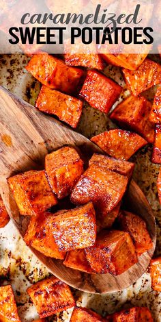 sweet potatoes on a wooden spoon with text overlay