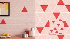 a pink and white wall with red triangles on it, next to a bowl of lemons