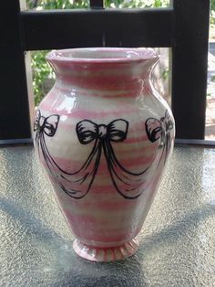 Pink Seashell Sweetheart Bows Vase- This vase is the sweetest little decor piece you've been missing! It features a beautifully textured pink chattering design topped with elegant bows. This vase stands about 6 inches tall by 4 inches wide- perfect for a bouquet of small roses!  Microwave, dishwasher, food safe Small Ceramic Vase, Coil Vase Ceramics, Bow Vase, Coil Vase, Slab Built Pottery, Large White Vase, Pink Seashell, Small Roses, Handmade Ceramic Vase