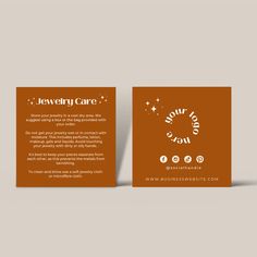 an orange business card with the words jewelry care on it