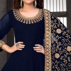 Make your casual looks more impressive with this blue colored anarkali suit. This beautiful designer suit is prettified with lovely embroidery work which makes it appear classy. The top is made of faux georgette accompanied with pure santoon inner and bottom, along with faux georgette dupatta. Women can buy this designer suit to wear for their parties, festivals, functions or engagement ceremonies and occasions. Team it with stylished accessories to make your looks more beautiful. This attractive anarkali will surely fetch you compliments for your rich sense of style. Note:- The actual product may differ slightly in color and design from the one illustrated in the images. Size Chart Size: Semi Stitched/Unstitched can be altered from maximum to minimum size based on size chart Designer Blue Churidar With Embroidered Border, Blue Georgette Anarkali Set With Long Sleeves, Blue Georgette Anarkali Set For Eid, Floor-length Georgette Dupatta With Embroidered Border, Blue Long-sleeve Anarkali Set, Elegant Blue Salwar Kameez With Embroidered Border, Embroidered Blue Maxi Anarkali Set, Blue Maxi Length Churidar With Resham Embroidery, Embroidered Blue Maxi Length Anarkali Set