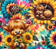 a painting of a bear surrounded by sunflowers and other wild animals on a multicolored background