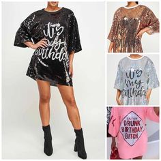 Sequin LONG SLEEVE TOPS /Dress Spring Party Dress With Crew Neck, Sequin Short Sleeve Dress For Birthday, Short Sleeve Graphic Print Party Dress, Short Sleeve Graphic Print Dress For Party, Spring Party Oversized Dress, Oversized Party Tops For Spring, Black Oversized Party Dress, Spring Party Oversized Tops, Casual Short Sleeve Birthday Dress