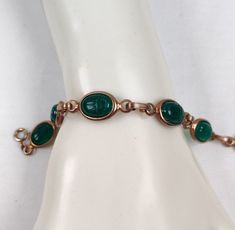 Vintage Egyptian Revival Scarab Bracelet  Green Gold Tone Box Link Scarab Bracelet, Egyptian Revival, Bracelets And Charms, Green Gold, Vintage Accessories, Vintage Watches, Spring Rings, Green And Gold, Antique Jewelry