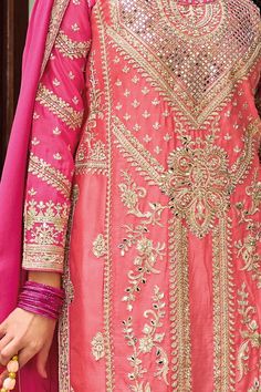 This Pink Chinon Silk Embroidered Traditional Palazzo Suit provides the elegance needed for weddings, parties or other festive occasions. The kameez boasts intricate embroidery, mirror work, zari and sequins detailing, accompanied by a chinon silk embroidered palazzo pants and embroidered chinon silk dupatta. 3 piece Kameez chinon silk with heavy embroidery mirror work, zari work & sequin work Palazzo chinon silk with embroidery front and back mirror work, zari work & sequin work Dupatta chinon Lucknowi Kurta, Embroidery Mirror Work, Patiala Salwar Suits, Embroidery Mirror, Bead Hair, Embroidery Fashion Detail, Bridal Dupatta, Bead Hair Accessories, Palazzo Suit