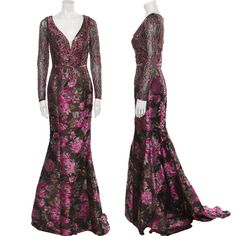 Terani Couture Evening Gown Pink Floral Print Crystal, Glitter & Mesh Accents Long Sleeve With V-Neck Concealed Zip Closure At Back Fit:Dresses By Terani Couture Typically Fit True To Size. Details Size Guide Bust: 32" Waist: 26" Hip: 34" Length: 70.5" Fabric: 100% Polyester; Lining 100% Polyester Luxury V-neck Evening Gown, Fitted V-neck Evening Dress With Floral Print, Luxury Fitted V-neck Gown, Festive V-neck Evening Gown, Luxury Sequined V-neck Gown, Luxury V-neck Gown With Sequins, Luxury V-neck Sequined Gown, Luxury Sequin V-neck Evening Dress, Luxury V-neck Evening Dress With Sequins