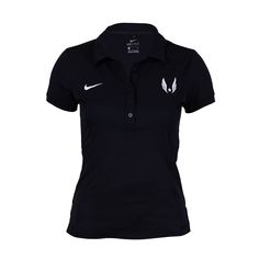 the nike women's polo shirt is black and has white logos on the chest