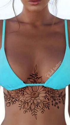 Underbreast Tattoo Sunflower, Big Rib Cage Tattoos For Women, Undercarriage Tattoo, Sternum Tattoos For Women Small, Sunflower Chest Tattoo Female, Western Underboob Tattoo, Breast Reduction Scar Tattoo, Unique Underboob Tattoo