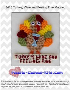 a knitted turkey is shown with the words turkey, wine and fine magnets