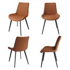 four different chairs with black legs and brown leather upholstered seat, one in the middle