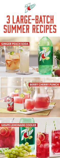 three different types of drinks on a table with the title 3 large - batch summer recipes