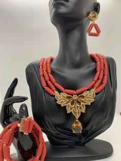 Original Nigerian African Wedding Coral Beaded Necklace Yoruba Jewelry, Wedding Coral, Coral Beads Necklace, Nigerian Wedding, African Wedding, Coral Beads, Red Coral, Natural Red, Bridal Accessories