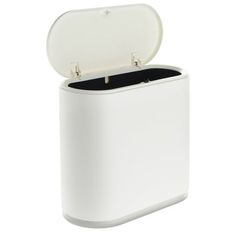 an open white trash can on a white background