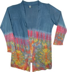 A stylish and attractive blue, stonewashed teal cover up or shrug with bohemian tie-dye - made of comfortable and smooth jersey knit cotton. The tie-dye is done only at the lower half of the shrug which gives it a unique look. You can team it with your favorite pair of jeans or shorts or even throw it over your bikini! Perfect for a beach camping evening. It only comes in one size and fits a small to a large. You'll feel a new sense of freedom in this versatile long shrug. Length: 29 - 33" Bust: Fitted Bohemian Blue Cover-up, Blue Hand Dyed Bohemian Tops, Hand Dyed Blue Bohemian Tops, Bohemian Hand-dyed Blue Tops, Blue Bohemian Hand Dyed Top, Long Shrug, Long Tiered Skirt, Tie Dye Jackets, Boho Tie Dye