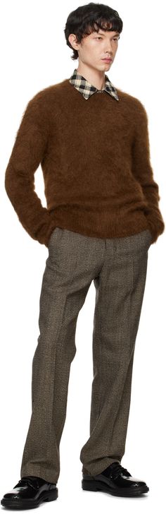 Brushed knit alpaca- and mohair-blend sweater. Rib knit crewneck, hem, and cuffs. Supplier color: Fawn Casual Mohair Sweater With Ribbed Cuffs, Fall Mohair Sweater With Ribbed Cuffs, Winter Brown Alpaca Sweater, Brown Merino Wool Fine Knit Sweater, Brown Alpaca Crew Neck Sweater, Ami Paris Sweater, Brown Textured Knit Cashmere Sweater, Knit Alpaca, Alpaca