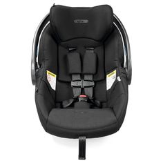 the child's car seat is black and has two safety straps on each side