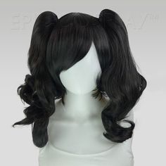 Rhea Black Pigtail Wig Set This Black pigtail wig set uses our 14" Chronos style as a base for two of our 20" clip-on ponytails to create a a fun and versatile pigtail style. The base wig is a short bob cut style that frames the face and can be worn independently, with only one clip, or with both clips. Each 20" ponytail comes with a large alligator claw clips at its base, making it easy to attach onto any portion of the base wig where there is wefting. Clip the ponytails of this Black pigtail w Black Wig Ponytail, Black Hair Pigtails, Black Curly Ponytail, Celeste Core, Black Pigtails, Draculaura Costume, Bob Cut Styles, Pigtail Wig, Short Bob Cut