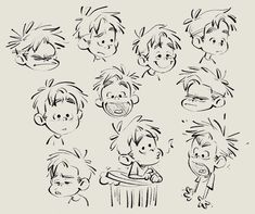 various cartoon faces drawn in black and white