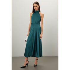 Blue satin (52% Lenzing‚Ñ¢ Ecovero‚Ñ¢ Viscose, 48% Viscose). A-line. Sleeveless. Halter neck. Tie closure. 28" from shoulder to hemline. Imported. Satin Halter Dress, Rent The Runway, Closet Designs, Chunky Boots, Blue Satin, Halter Neck, Neck Tie, Halter Dress, A Line