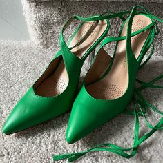 Incredible Pumps, Like Green With Calf Laces, True Head Turner. Clear Heel, Toe And Heel Perfect Condition. One Small Blemish Notes In Pic, Small Leather Scuff/Imprint From The Way They Were Stored. Lost In The Closet. Stickers From The Store Still On The Soles. Never Worn. Pet Free And Smoke Free Home. Green Lace-up Heels In Synthetic Material, Green Lace-up Synthetic Heels, Green Lace-up Heels For Formal Occasions, Green Lace-up Formal Heels, Chic Green Lace-up Heels, Green Pumps, Like Green, Azalea Wang, In The Closet