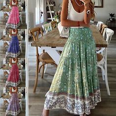 (eBay) Women's Bohemian Long Skirts Elastic Waist A Line Skirt Ladies Loose Beach Dress Pink Maxi Skirt, Printed Long Skirt, Boho Mode, Bohemian Mode, Maxi Rok, Estilo Hippie, Maxi Skirt Boho, Rock Outfit, Mode Boho