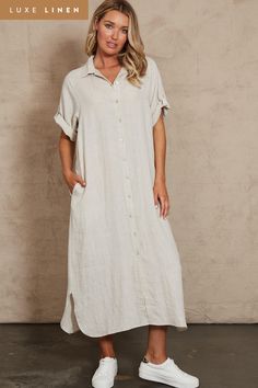 Studio Shirt Dress - Tusk - eb&ive Clothing - Shirt Dress Mid Linen Ladies Lunch, Plain Outfits, Sophisticated Dress, Night Looks, Suits You, Dresses Online, Date Night, Shirt Dress, Midi Dress