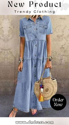 Casual Solid Make Old Turndown Collar Short Sleeve High Waist Regular Denim Dresses Casual Solid Color Denim Dress, Casual Non-stretch Denim Dress For Fall, Casual Denim Dress For Fall, Casual Medium Wash Denim Dress With Pockets, Casual Knee-length Denim Dress With Pockets, Solid Color Denim Dress For Summer, Non-stretch Denim Dress With Pockets For Day Out, Summer Solid Color Denim Dress, Casual Denim Midi Dress With Button Closure