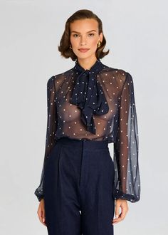 polka dot top, polka dot blouse, sheer top, tops for women, womens tops, tops for fall, going out tops, going out tops trendy, top silk, top chiffon, tops for women casual, tops for women work, party tops, party tops classy, night out top classy, fashion design, classy casual blouse, classy tops with jeans, elegant tops for women, chic tops, womens fashion chic, elegant fashion, french girl fashion top Classic Tailored Top For Party, Elegant Tailored Tops For Office, Elegant Tailored Office Tops, Classic Sheer Sleeve Tops For Office, Elegant Silk Blouse For Office, Elegant Silk Tops For Office Wear, Chic Tailored Blouse For Semi-formal Occasions, Classic Office Tops With Sheer Sleeves, Tailored Chic Semi-formal Blouse