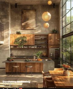 an image of a modern kitchen setting with wood cabinets and countertop space in the middle