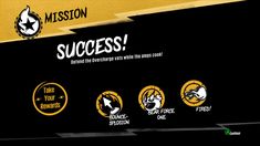 the mission logo is shown above an image of several different logos on a black and yellow background