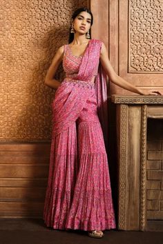 Shop for Aneesh Agarwaal Pink Chiffon Pre-draped Flower Print Sharara Saree With Blouse for Women Online at Aza Fashions Pink Indian Outfit, Sharara Saree, Indian Outfits Modern, Haldi Outfits, Sangeet Outfit, Haldi Outfit, Mehendi Outfits, Traditional Indian Outfits, Ethnic Outfits