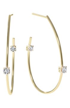 These diamond-detailed hoop earrings are elegantly shaped by a teardrop silhouette. 1 3/8" drop; 1/8" width Clear rubber backs included for stability Total diamond weight: 0.26ct. Color: G–H Clarity: SI 14k gold/diamond Imported >Diamond Guide Luxury Brilliant Cut Teardrop Hoop Earrings, Gia Certified Teardrop Diamond Earrings, Luxury Polished Teardrop Hoop Earrings, Fine Jewelry Diamond-accent Teardrop Earrings, Dazzling Brilliant-cut Teardrop Diamond Earrings, Teardrop Hoop Earrings, Lana Jewelry, Diamond Guide, G H