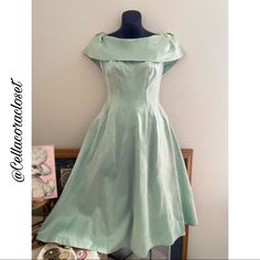 Beautiful Vintage Rare Lorrie Deb Dress Authentic From The 50s, No Damage And In Great Condition!. The Dress Is A Beautiful Seafoam Green Satin With Tulle Lining. Zipper Is Under The Bow In The Back And Works Perfectly. So Pin-Up! Would Best Fit A Size S. Measurements. Armpit To Armpit 16in Flat Bust 18in Flat Waist 25in Around Length 42in Comment If You Have Any Questions! Vintage Fitted A-line Tea Length Dress, Vintage A-line Tea Length Dress, Fitted A-line Tea Length Vintage Dress, 1950s Style A-line Vintage Dress For Vintage Events, 1950s Style A-line Vintage Dress For Events, 1950s Tea-length Vintage Cocktail Dress, 1950s Style Tea-length Vintage Cocktail Dress, Deb Dress, Deb Dresses