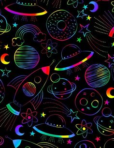 an image of colorful space and stars on a black background with neon colors, including the planets