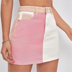 Colorblock Pink White And Beige/Tan Mini Skirt In Size: Small, Never Worn New Without Tags, Denim, Summery Colors Perfect To Match With White Crop Top White Patchwork Mini Skirt, Casual White Patchwork Skirt, Fitted White Color Block Bottoms, Casual White Skirt With Patchwork, Fitted White Bottoms With Patchwork Details, Summer Patchwork High Waist Mini Skirt, Casual High Waist Patchwork Mini Skirt, High Waist Patchwork Mini Skirt For Spring, Beige Mini Skirt