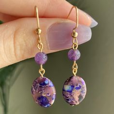 Pretty Purple Earrings - Handmade Earrings - One of a kind Earrings . This gorgeous pair of earrings would make the perfect accessory to go along with many outfits  . These earrings would also be an amazing gift for someone you love Adjustable Dangle Clip-on Earrings For Gift, Adjustable Dangle Clip-on Earrings As A Gift, Handmade Purple Crystal Drop Earrings, Nickel-free Beaded Drop Earrings As Gift, Nickel-free Drop Beaded Earrings As Gift, Unique Purple Earrings With Ear Wire, Spiritual Round Beads Earrings For Jewelry Making, Adjustable Clip-on Earrings With Ear Wire As Gift, Everyday Purple Dangle Earrings