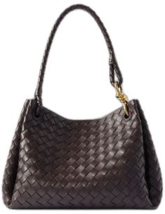 Elegant Woven Leather Hobo Bag For Travel, Luxury Handheld Hobo Bag For Office, Office Shoulder Bag With Intrecciato Weave And Double Handle, Office Shoulder Bag With Double Handle And Intrecciato Weave, Brown Intrecciato Weave Office Bag, Brown Office Bags With Intrecciato Weave, Formal Brown Woven Leather Shoulder Bag, Brown Office Bags With Braided Handles, Elegant Intrecciato Weave Shoulder Bag For Office