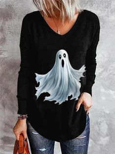 Come to Zolucky to buy T-shirts at a discounted price, SPU: 29417T-8M39F9, Color: Black Dark Blue White, Neckline:V neck, Silhouette:H-Line. Spooky Black Long Sleeve Top, V-neck Letter Print T-shirt For Fall, Casual V-neck Halloween Tops, Black Long Sleeve Top For Halloween, Long Sleeve Black Top For Halloween, Fall V-neck T-shirt With Letter Print, Fall Letter Print V-neck T-shirt, Spooky Long Sleeve Tops With Graphic Print, Spooky Long Sleeve Graphic Print Tops