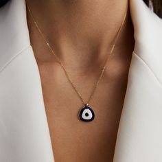 14K Real Solid Yellow Gold Enamel Evil Eye Minimalist Pendant Dark BlueNavy-White Circle Design Chain Gift for Women Valentine's Day Dainty Various talismans have been used in many cultures to protect them from the harms of bad energy. The talisman used in most of the Eastern cultures is the evil eye. You can present the evil eye necklace to the people you want to be protected from the evil eye and your loved ones. ⓂMaterials & Specifications : Necklace Chain Length : 42 cm (16.5 in) 44 cm (17.3 Blue Enamel Jewelry With Adjustable Chain, Everyday Blue Tarnish-resistant Jewelry, Blue Pendant Charm Necklace For Everyday, Blue Pendant Charm Necklaces For Everyday, Everyday Blue Pendant Charm Necklaces, Everyday Blue Necklaces With Delicate Chain, Everyday Blue Necklace With Delicate Chain, Everyday Blue Clavicle Chain Necklace, Minimalist Blue Clavicle Chain Necklace