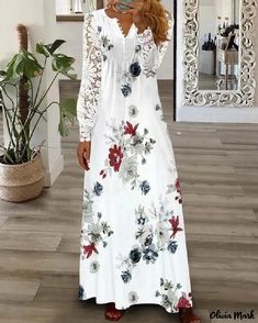 Olivia Mark - Stylish and Elegant Lace Maxi Dress Woman Sleeve, Printed Dresses Fashion, Button Up Maxi Dress, Gaun Fashion, Floral Print Dress Long, Printed Dresses, Lace Dress Long, Maxi Robes, Floral Lace Dress