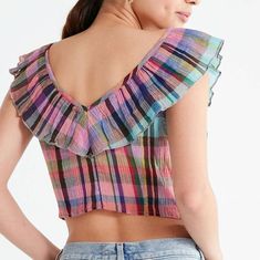 Pretty Gauze Ruffled Top Urban Outfitters New Multicolor Ruffled Tops For Day Out, Multicolor Cotton Ruffle Tops, Trendy Multicolor Ruffled Tops, Multicolor Tops With Ruffled Collar For Summer, Multicolor Ruffled Collar Top With Ruffles, Plaid Ruffled Tops For Day Out, Plaid Ruffle Blouse For Day Out, Plaid Ruffled Blouse For Day Out, Urban Outfitters Multicolor Summer Tops