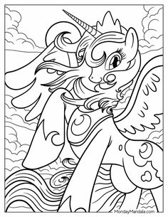 a coloring page with an image of a little pony in the sky and clouds behind it