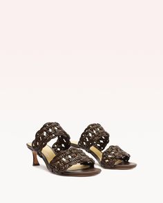 Luxury Brown Sandals With Woven Sole, Luxury Brown Woven Leather Heels, Luxury Woven Leather Mules, Elegant Brown Woven Leather Heels, Elegant Brown Sandals With Woven Sole, Elegant Brown Heels With Woven Leather, Elegant Brown Woven Leather Sandals, Formal Brown Sandals With Woven Leather, Elegant Leather Heels With Braided Straps